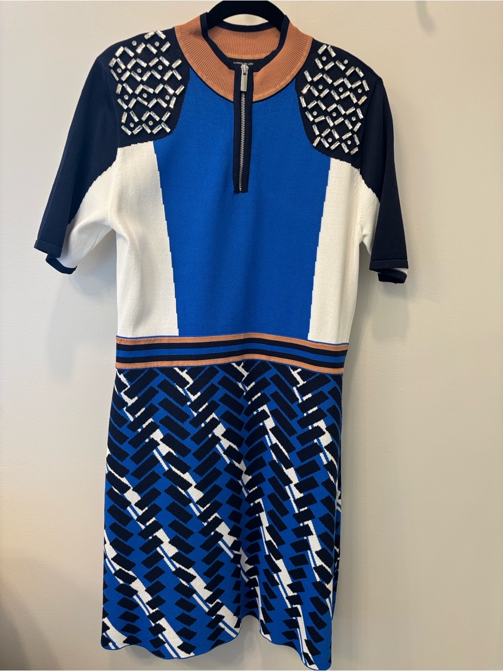 Karen Millen Blue Black White Colorblock Midi Dress with Tan Trim